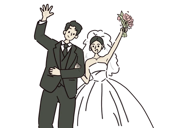 An illustration of Monica and Alex in their wedding attire